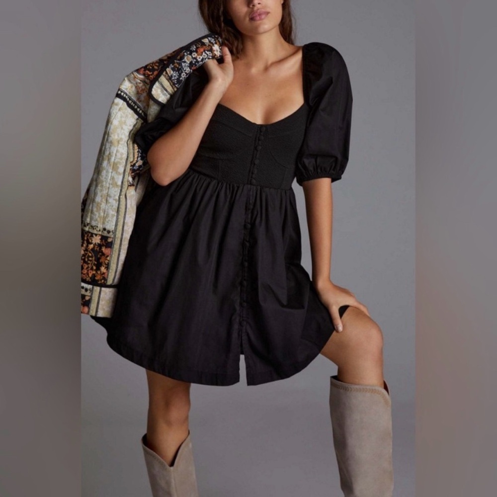Anthropologie Maeve Black Puff-Sleeve Button-Front Mini Dress
